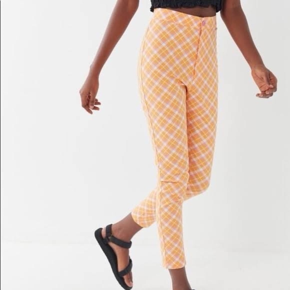 NWT Urban Outfitters Orange Plaid Check High Rise Skinny Dopamine Pants Size 2